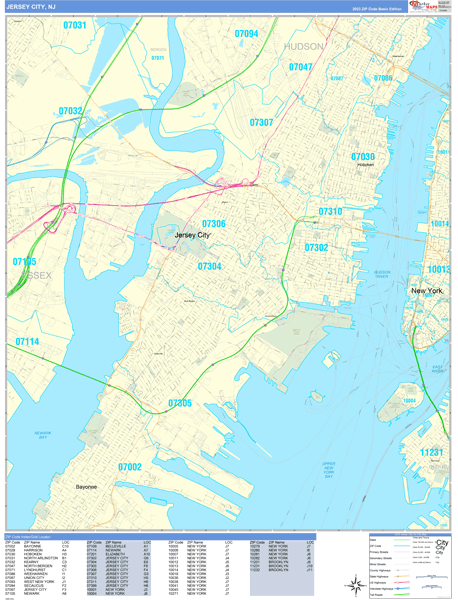 Jersey City City Wall Map Basic Style